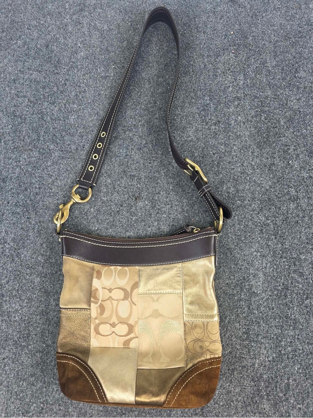 Coach Signature Patchwork Mixed-Material Crossbody in Beige and Brown